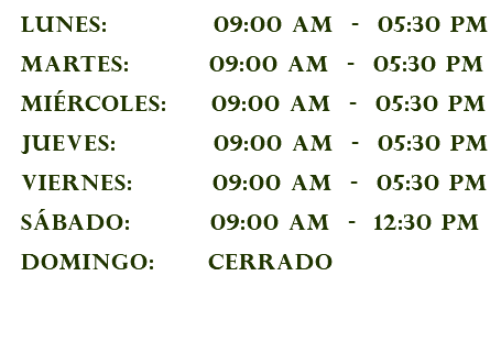 Lunes: 09:00 am - 05:30 pm Martes: 09:00 am - 05:30 pm Miércoles: 09:00 am - 05:30 pm Jueves: 09:00 am - 05:30 pm Viernes: 09:00 am - 05:30 pm Sábado: 09:00 am - 12:30 pm Domingo: Cerrado